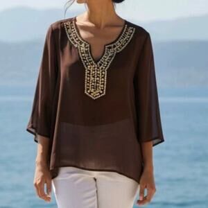 First Issue Brown Sheer Chiffon Tunic Top Gold Sequin Beach Cover up Women’s XL
